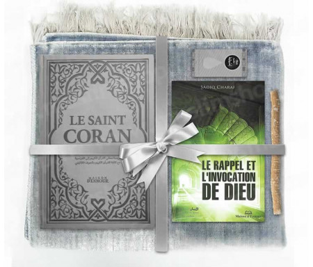 Coffret Pack Cadeau Gris mixte : Tapis de Prière Velours Gris / Le Rappel et l'Invocation de Dieu / Coran Rainbow arabe-français avec phonétique avec couverture cuir Gris / Parfum et Miswak