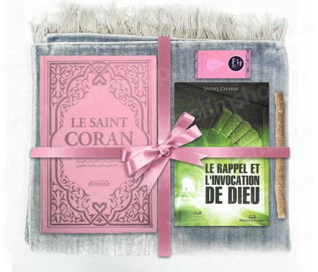 Coffret Pack Cadeau Gris et Rose Clair pour Femme : Tapis de Prière Velours Gris / Le Rappel et l'Invocation de Dieu / Coran Rainbow arabe-français avec phonétique avec couverture cuir Rose Clair / Parfum et Miswak