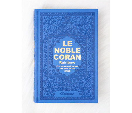 Le Noble Coran avec pages en couleur Arc-en-ciel (Rainbow) - Bilingue (français/arabe) - Couverture Cuir de couleur bleu doré