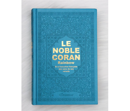 Le Noble Coran avec pages en couleur Arc-en-ciel (Rainbow) - Bilingue (français/arabe) - Couverture Cuir de couleur bleu clair doré