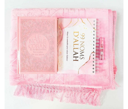 Pack Cadeau de Luxe pour Femmes : Le Noble Coran couverture similicuir + Un Parfum Musc d'Or (8 ml) + Un calendrier "99 Noms d'Allah" + Tapis de prière épais rose