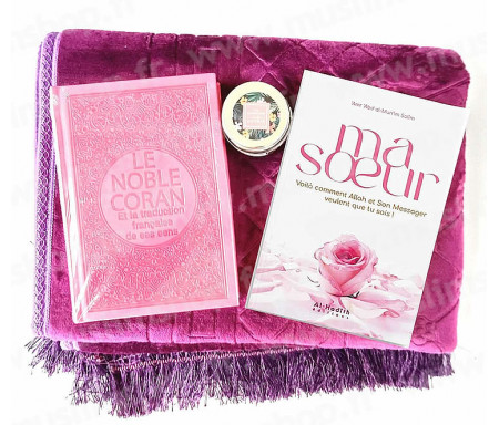 Pack Cadeau de Luxe pour Femmes : Le Noble Coran couverture similicuir + Une Bougie + Un Livre + Tapis de prière épais Mauve