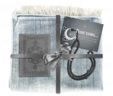 Coffret Pack Cadeau Gris pour Homme : Tapis de Prière Velours Gris / Chapelet / Coran arabe-français avec couverture cuir