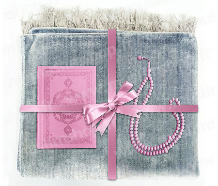 Coffret Pack Cadeau Gris pour Homme : Tapis de Prière Velours Gris / Chapelet / Coran arabe-français avec couverture cuir