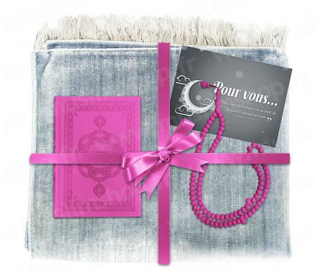 Coffret Pack Cadeau Gris et Rose pour Femme : Tapis de Prière Velours Gris / Chapelet Rose / Coran arabe-français Rose avec couverture cuir