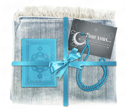 Coffret Pack Cadeau Gris et Bleu pour Homme : Tapis de Prière Velours Gris / Chapelet Bleu / Coran arabe-français Bleu avec couverture cuir