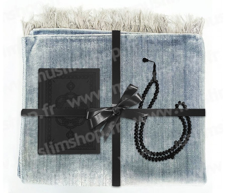 Coffret Pack Cadeau Gris et Noir pour Homme : Tapis de Prière Velours Gris / Chapelet Noir / Coran arabe-français Noir avec couverture cuir