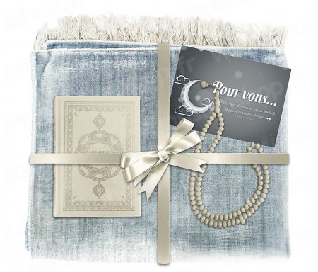 Coffret Pack Cadeau Gris et Beige pour Femme : Tapis de Prière Velours Gris / Chapelet Beige / Coran arabe-français Beige avec couverture cuir