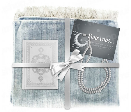 Coffret Pack Cadeau Gris et Blanc pour Femme : Tapis de Prière Velours Gris / Chapelet Blanc / Coran arabe-français Blanc avec couverture cuir