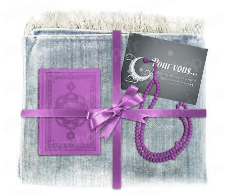 Coffret Pack Cadeau Gris et Violet pour Femme : Tapis de Prière Velours Gris / Chapelet Violet / Coran arabe-français Violet avec couverture cuir