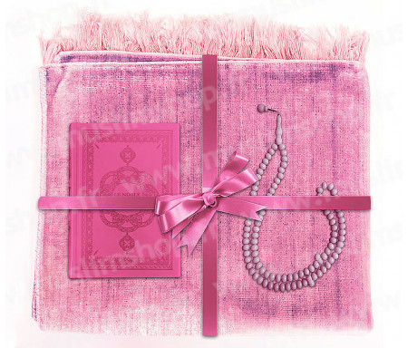Coffret Pack Cadeau Rose pour Femme : Tapis de Prière Velours Rose / Chapelet Rose / Coran arabe-français Rose avec couverture cuir