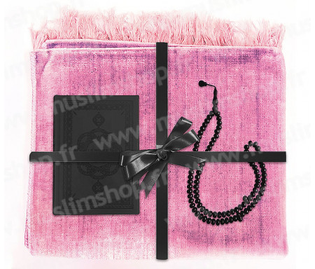 Coffret Pack Cadeau Rose et Noir pour Femme : Tapis de Prière Velours Rose / Chapelet Noir / Coran arabe-français Noir avec couverture cuir