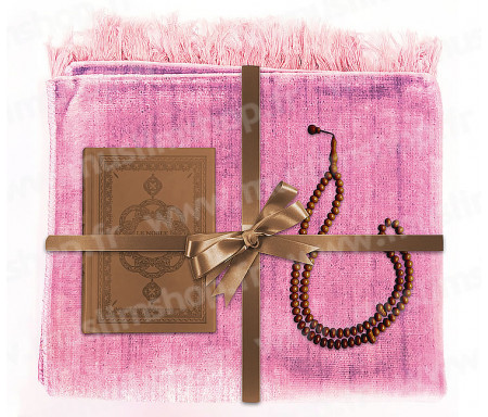 Coffret Pack Cadeau Rose et Marron pour Femme : Tapis de Prière Velours Rose / Chapelet Marron / Coran arabe-français Marron avec couverture cuir