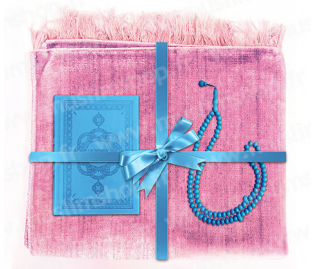 Coffret Pack Cadeau Rose et Bleu pour Femme : Tapis de Prière Velours Rose / Chapelet Bleu / Coran arabe-français Bleu avec couverture cuir