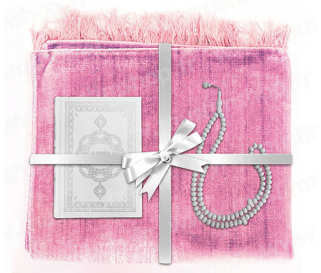 Coffret Pack Cadeau Rose et Blanc pour Femme : Tapis de Prière Velours Rose / Chapelet Blanc / Coran arabe-français Blanc avec couverture cuir