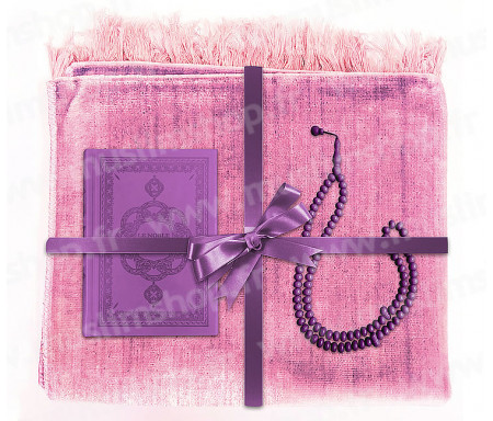 Coffret Pack Cadeau Rose et Violet pour Femme : Tapis de Prière Velours Rose / Chapelet Violet / Coran arabe-français Violet avec couverture cuir