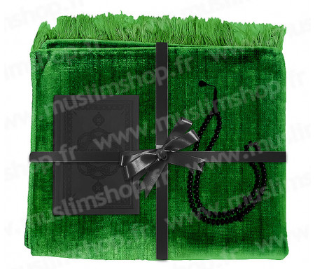 Coffret Pack Cadeau Gris et Vert pour Homme : Tapis de Prière Velours Vert / Chapelet Noir / Coran arabe-français Noir avec couverture cuir