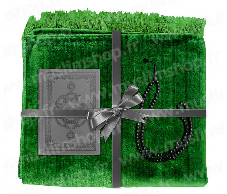 Coffret Pack Cadeau Vert et Gris pour Homme : Tapis de Prière Velours Vert / Chapelet / Coran arabe-français avec couverture cuir