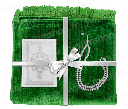 Coffret Pack Cadeau Vert et Blanc pour Femme : Tapis de Prière Velours Vert / Chapelet Blanc / Coran arabe-français Blanc avec couverture cuir
