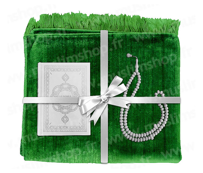 Pack cadeau : Tapis de prière + Sebha (Chapelet musulman) + Le Noble Coran  avec traduction fr - Couleur vert doré