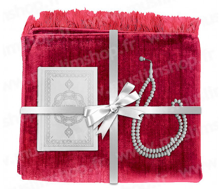 Coffret Pack Cadeau Rouge et Blanc pour Femme : Tapis de Prière Velours Rouge / Chapelet Blanc / Coran arabe-français Blanc avec couverture cuir