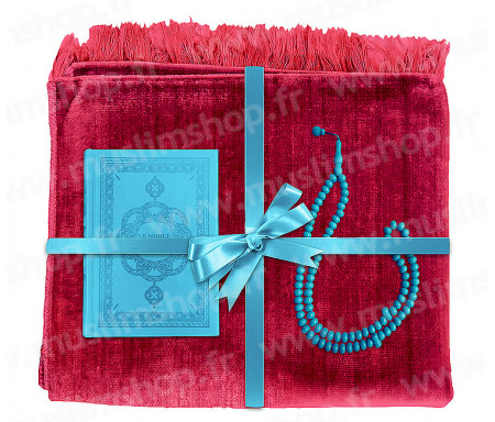 Coffret Pack Cadeau Rouge et Bleu pour Homme : Tapis de Prière Velours Rouge / Chapelet Bleu / Coran arabe-français Bleu avec couverture cuir