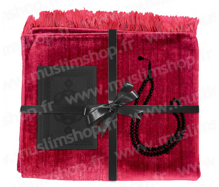 Coffret Pack Cadeau Rouge et Noir pour Homme : Tapis de Prière Velours Rouge / Chapelet Noir / Coran arabe-français Noir avec couverture cuir