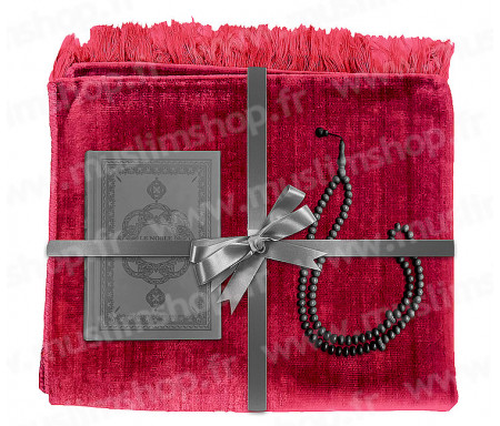 Coffret Pack Cadeau Rouge pour Homme : Tapis de Prière Velours Rouge / Chapelet Noir / Coran arabe-français avec couverture cuir Gris