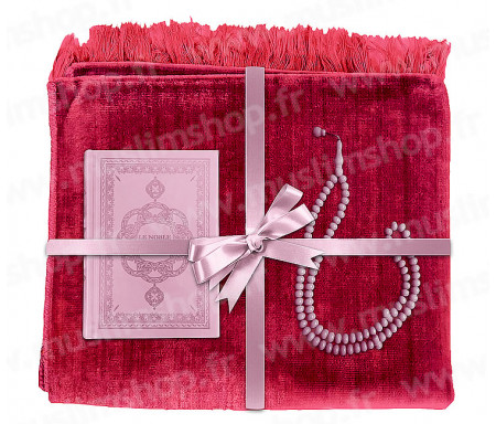 Coffret Pack Cadeau Rouge et Rose pour Femme : Tapis de Prière Velours Rouge / Chapelet Rose / Coran arabe-français Rose avec couverture cuir
