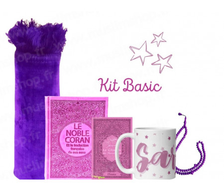 Coffret Pack Cadeau "Kit Basic" Mauve Lilas pour Femme : Tapis de Prière Velours / Chapelet / Coran arabe-français avec couverture cuir + Tasse personnalisée