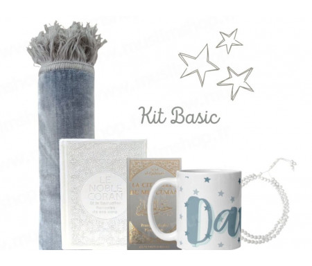 Coffret Pack Cadeau "Kit Basic" Gris d'Orage : Tapis de Prière Velours / Chapelet / Coran arabe-français avec couverture cuir + Tasse personnalisée