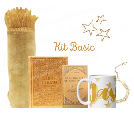 Coffret Pack Cadeau "Kit Basic" Jaune Doré : Tapis de Prière Velours / Chapelet / Coran arabe-français avec couverture cuir + Tasse personnalisée