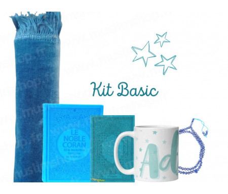 Coffret Pack Cadeau "Kit Basic" Bleu Océan : Tapis de Prière Velours / Chapelet / Coran arabe-français avec couverture cuir + Tasse personnalisée