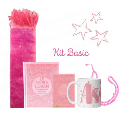 Coffret Pack Cadeau "Kit Basic" Rose Pastel : Tapis de Prière Velours / Chapelet / Coran arabe-français avec couverture cuir + Tasse personnalisée