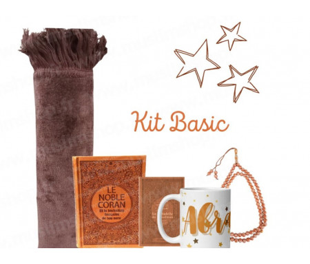 Coffret Pack Cadeau "Kit Basic" Marron Camel : Tapis de Prière Velours / Chapelet / Coran arabe-français avec couverture cuir + Tasse personnalisée