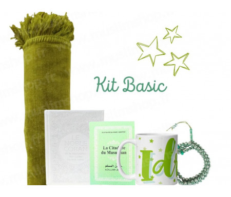 Coffret Pack Cadeau "Kit Basic" Vert Kiwi : Tapis de Prière Velours / Chapelet / Coran arabe-français avec couverture cuir + Tasse personnalisée