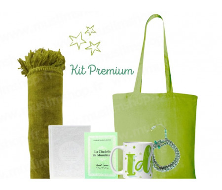 Coffret Pack Cadeau "Kit Premium" Vert Kiwi : Tapis de Prière Velours / Chapelet / Coran arabe-français avec couverture cuir + Sac Tote Bag Assorti et Tasse personnalisée