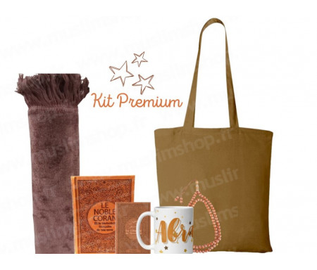 Coffret Pack Cadeau "Kit Premium" Marron Camel : Tapis de Prière Velours / Chapelet / Coran arabe-français avec couverture cuir + Sac Tote Bag Assorti et Tasse personnalisée