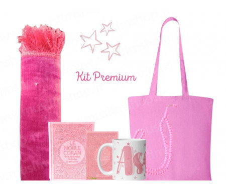 Coffret Pack Cadeau "Kit Premium" Rose Pastel : Tapis de Prière Velours / Chapelet / Coran arabe-français avec couverture cuir + Sac Tote Bag Assorti et Tasse personnalisée