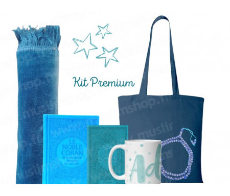 Coffret Pack Cadeau "Kit Premium" Bleu Océan : Tapis de Prière Velours / Chapelet / Coran arabe-français avec couverture cuir + Sac Tote Bag Assorti et Tasse personnalisée