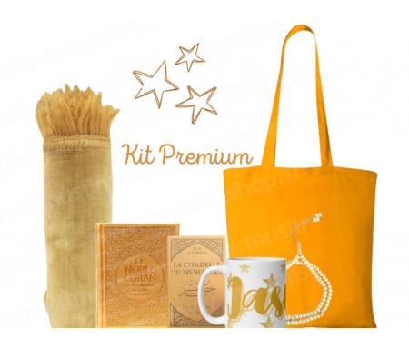 Coffret Pack Cadeau "Kit Premium" Jaune Doré : Tapis de Prière Velours / Chapelet / Coran arabe-français avec couverture cuir + Sac Tote Bag Assorti et Tasse personnalisée