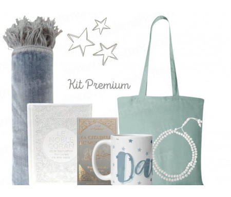 Coffret Pack Cadeau "Kit Premium" Gris d'Orage : Tapis de Prière Velours / Chapelet / Coran arabe-français avec couverture cuir + Sac Tote Bag Assorti et Tasse personnaliséeCoffret Pack Cadeau "Kit Premium" Gris d'Orage : Tapis de Prière Velours / Chapele