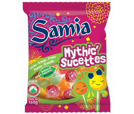 Bonbons Halal Mythic' Sucettes : Citron, Orange, Fraise, Pomme, Groseille - 160 gr