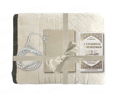 Coffret Pack Cadeau Beige et Blanc Mixte : Tapis de Prière Epais Matelassé / La Citadelle du Musulman / Coran Rainbow arabe-français Format Poche / Chapelet-Tasbih