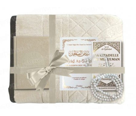 Coffret Pack Cadeau Beige et Blanc Mixte : Tapis de Prière Epais Matelassé / La Citadelle du Musulman / Coran Rainbow arabe-français Format Poche / Chapelet-Tasbih / Les Jardins des Vertueux en format de poche Blanc Doré