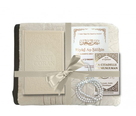 Coffret Pack Cadeau Beige et Blanc Mixte : Tapis de Prière Epais Matelassé / La Citadelle du Musulman / Coran Rainbow arabe-français Format Poche / Chapelet-Tasbih / Les Jardins des Vertueux en format de poche Blanc Doré