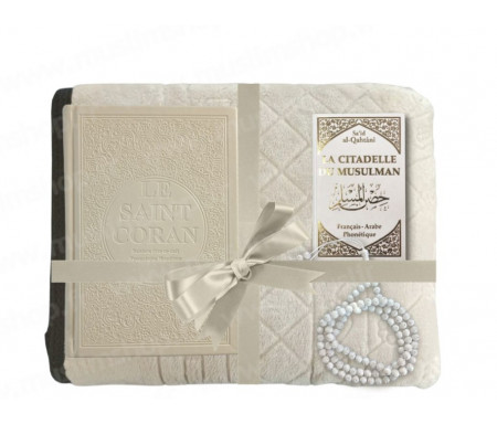 Coffret Pack Cadeau Beige et Blanc Mixte : Tapis de Prière Epais Matelassé / La Citadelle du Musulman / Coran Rainbow arabe-français-Phonétique Grand format / Chapelet-Tasbih