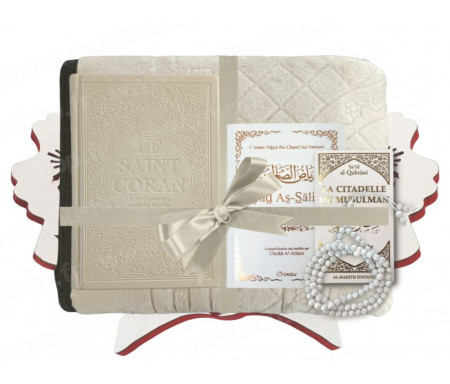 Coffret Pack Cadeau Beige et Blanc Mixte : Tapis de Prière Epais Matelassé / La Citadelle du Musulman / Coran Rainbow arabe-français-Phonétique Grand format / Chapelet-Tasbih / Porte Coran Blanc