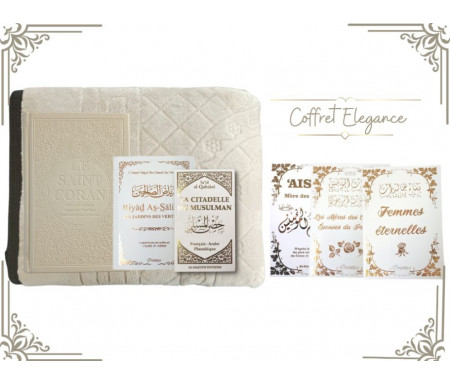 Coffret Pack Cadeau "Elegance" Beige et Blanc Mixte : Tapis de Prière Epais Matelassé / La Citadelle du Musulman / Coran Rainbow arabe-français-Phonétique Grand format / Citadelle + 3 Livres