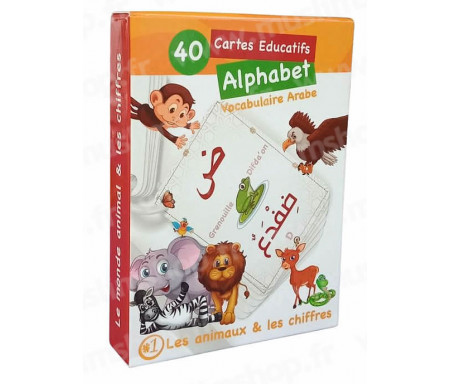 40 cartes Educatives pour apprendre l' Alphabet et le Vocabulaire Arabe - n°1 Les Animaux & Les Chiffres